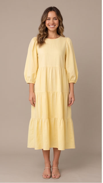 Pastel Yellow Puff Sleeve Tiered Midi Dress