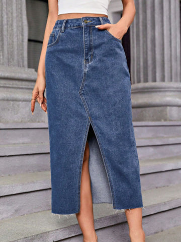 Slit Midi Denim Skirt with Pockets