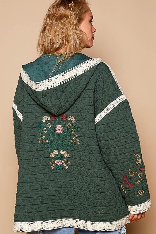 POL Embroidered Open Front Quilted Jacket with Crochet Pockets