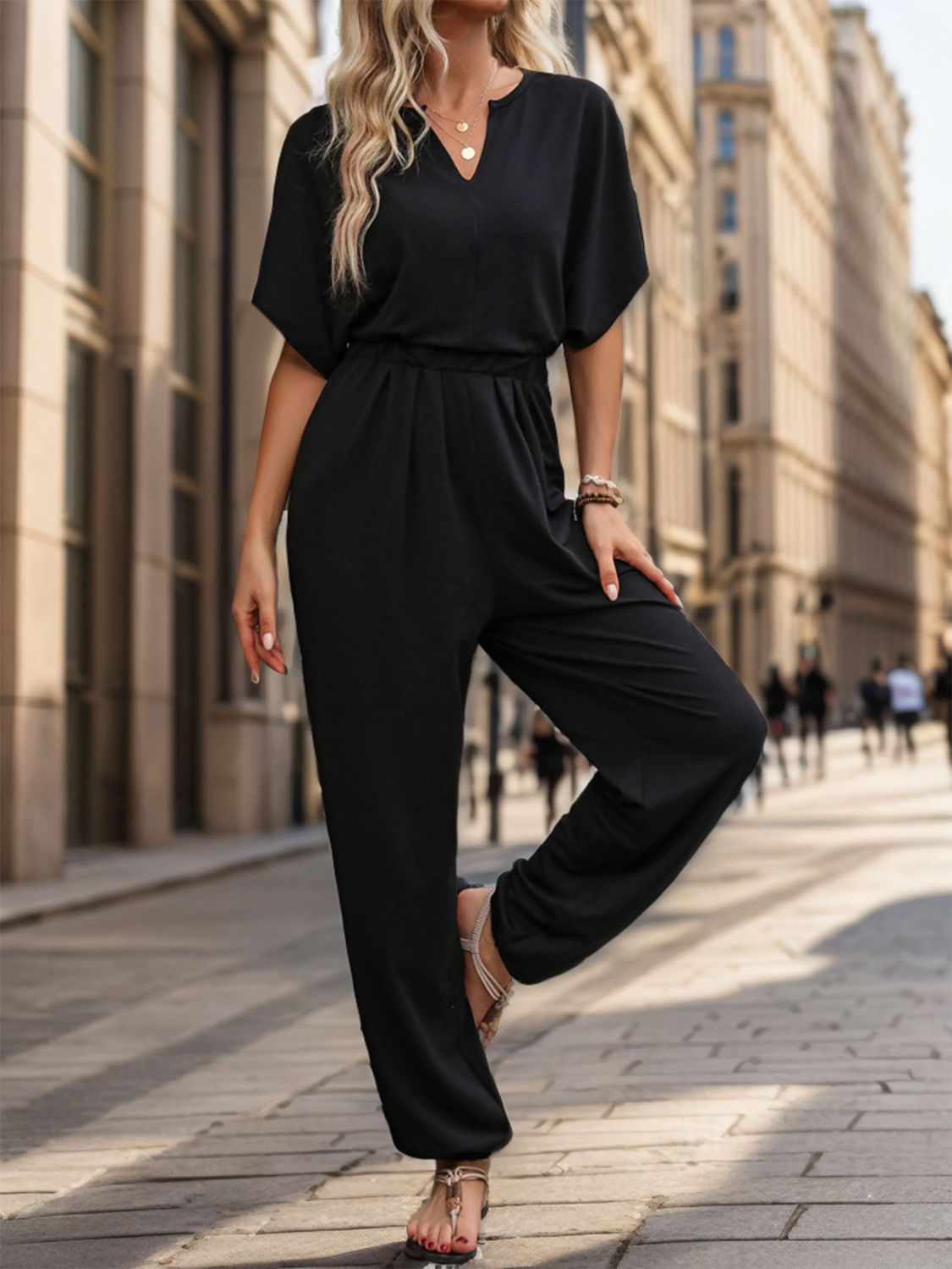 Perfee Notched Half Sleeve Straight Jumpsuit