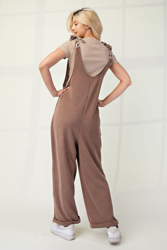 Celeste Full Size Ribbed Leopard Tied Shoulder Overalls