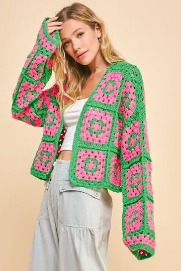 Davi & Dani Full Size Two Tone Flower Square Crochet Open Front Cardigan